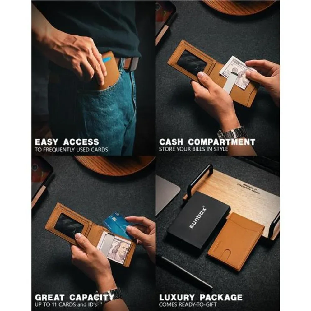 Slim Money Clip‎ Wallets Men RFID Blocking Card Holder Minimalist Leather Brown